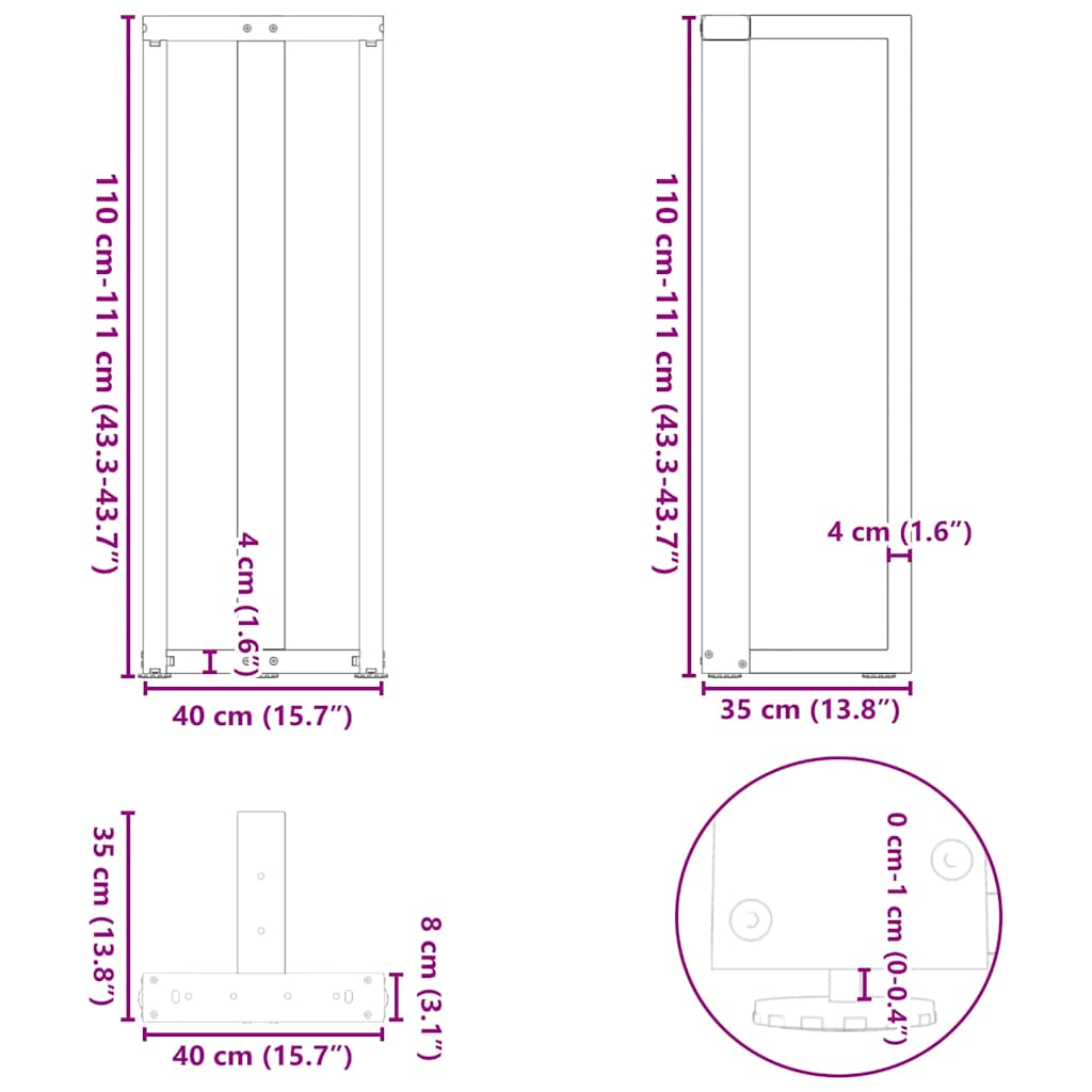 Gambe per tavolo da bar forma T 2 pz nere 40x35x(110-111) cm