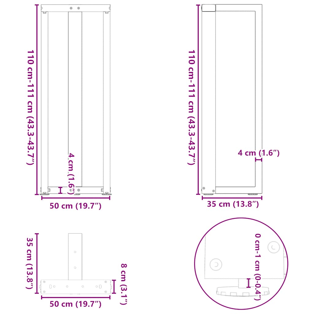Gambe per tavolo da bar forma T 2 pz nere 50x35x(110-111) cm