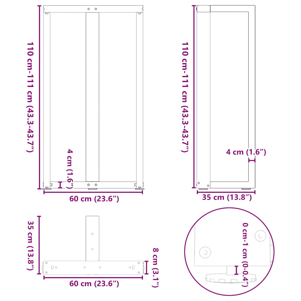 Gambe Tavolo Bar a Forma T 2 pz Nero 60x35x(111-112) cm Acciaio