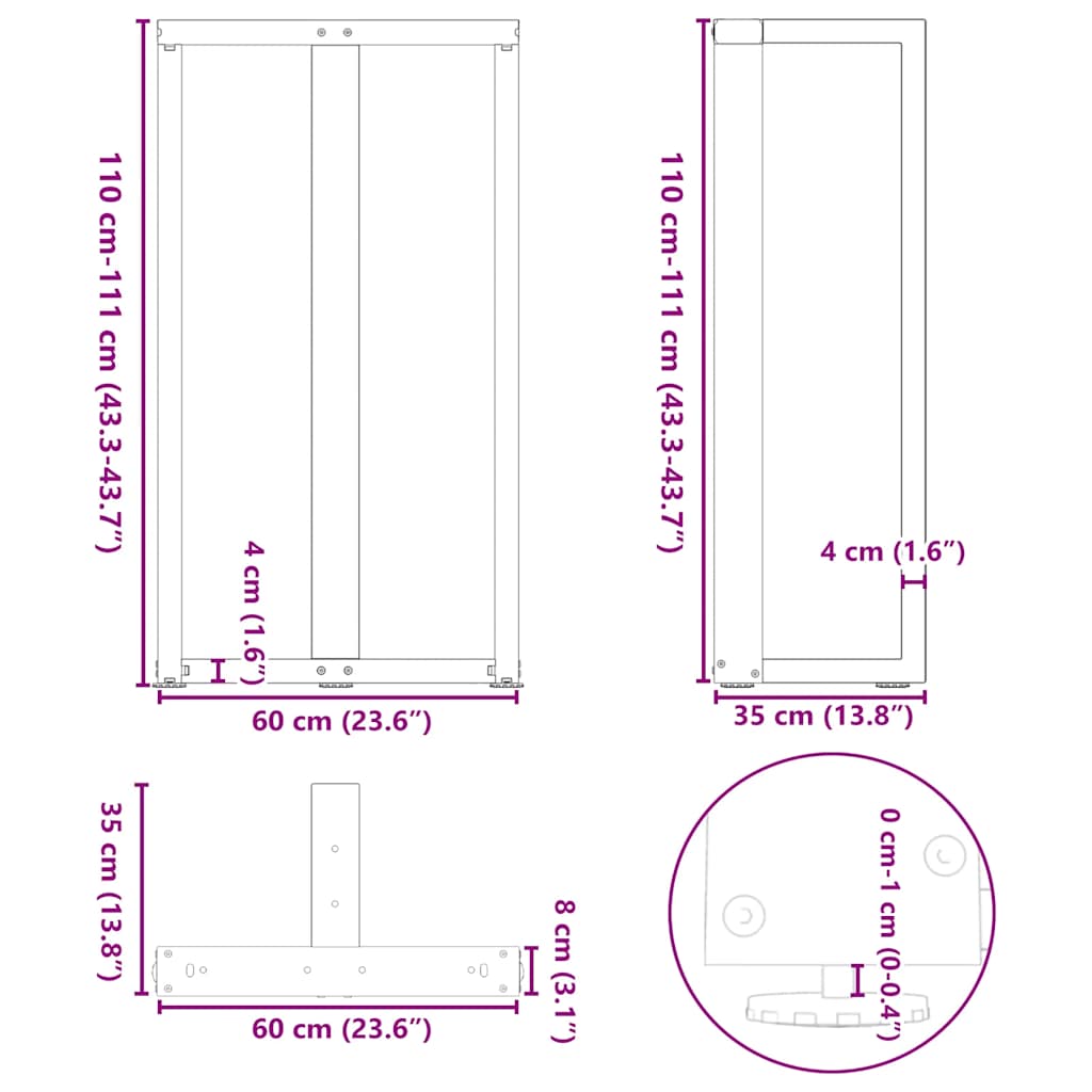 Gambe per tavolo da bar forma T 2 pz nere 60x35x(110-111) cm