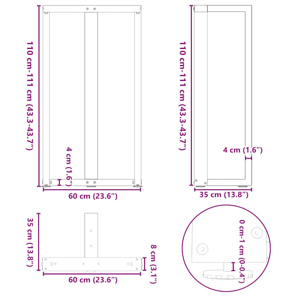 Gambe per tavolo da bar forma T 2 pz nere 60x35x(110-111) cm