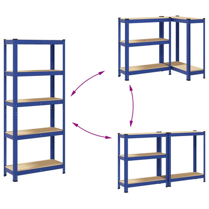 Mensole Portaoggetti 5 Strati 2pz Blu Acciaio Legno Multistrato