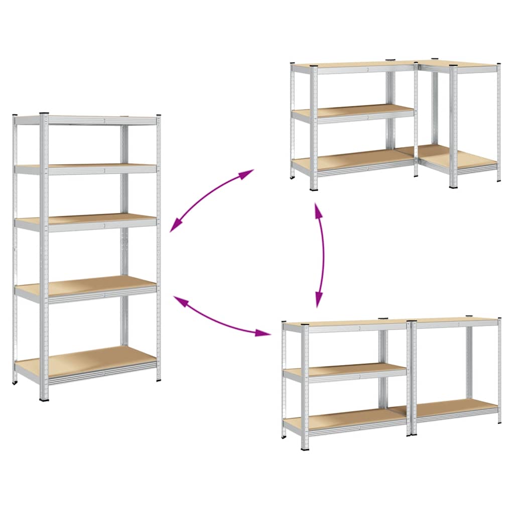 Scaffali Resistenti 5 Strati 2 pz Argento Acciaio e Multistrato