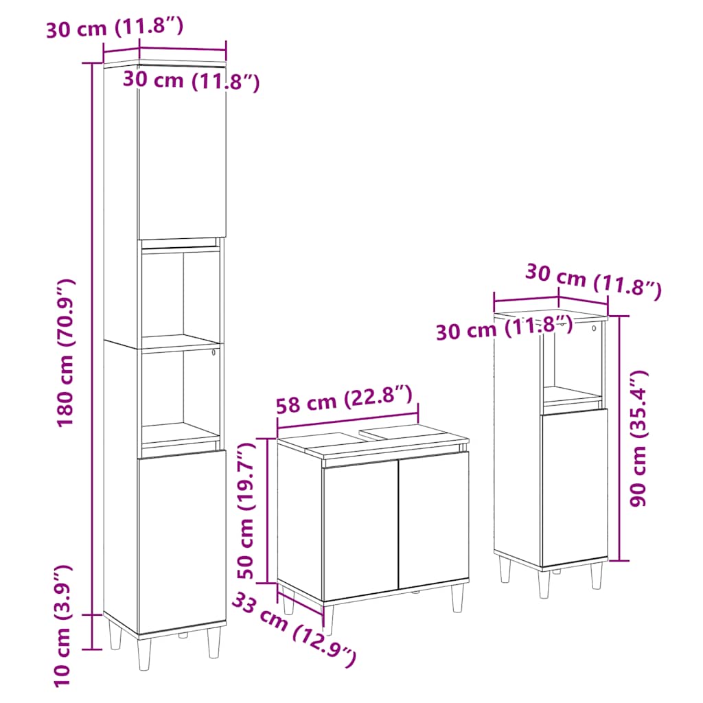 Set Mobili da Bagno 3 pz Rovere Sonoma in Legno Multistrato