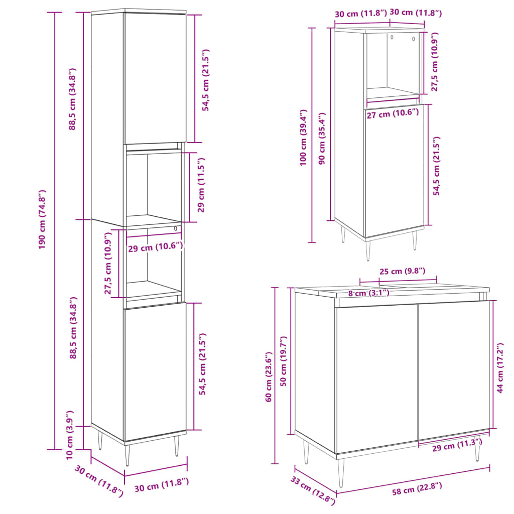 Set Mobili da Bagno 3 pz Rovere Sonoma in Legno Multistrato | homemem39
