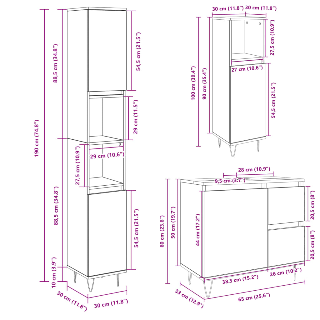 Set Mobili da Bagno 3 pz Rovere Sonoma in Legno Multistrato | homemem39