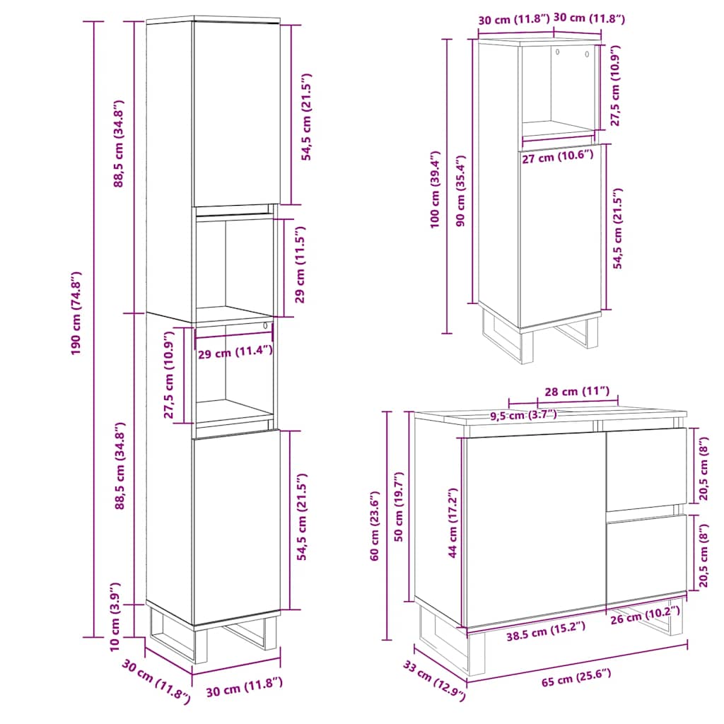 Set Mobili da Bagno 3 pz Rovere Sonoma in Legno Multistrato | homemem39