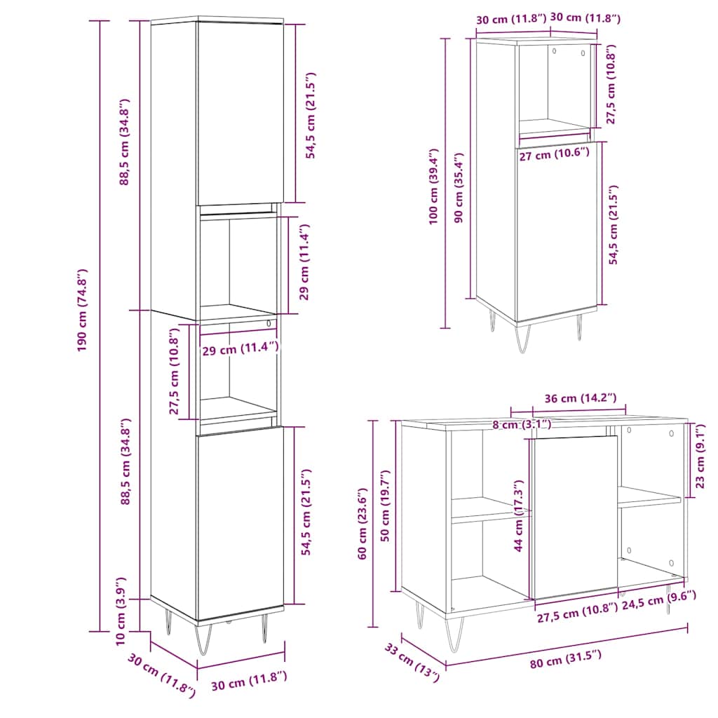 Set Mobili da Bagno 3 pz Rovere Sonoma in Legno Multistrato | homemem39