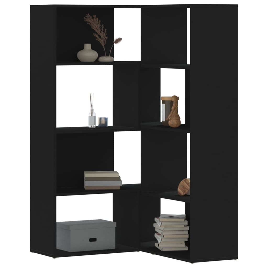 Libreria Angolare 4Ripiani Nera 85x85x140 cm Legno Multistrato