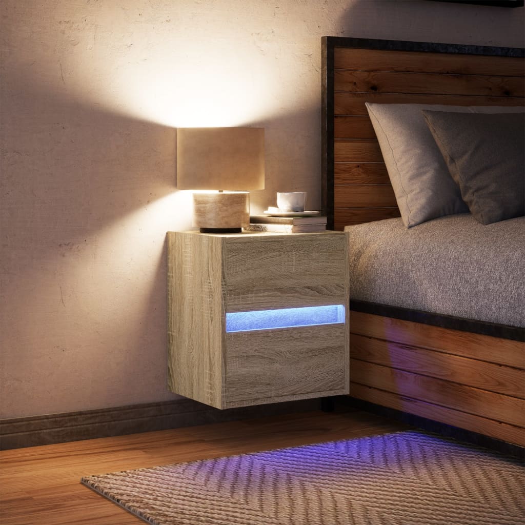 Comodino a Parete con luci LED Rovere Sonoma | homemem39