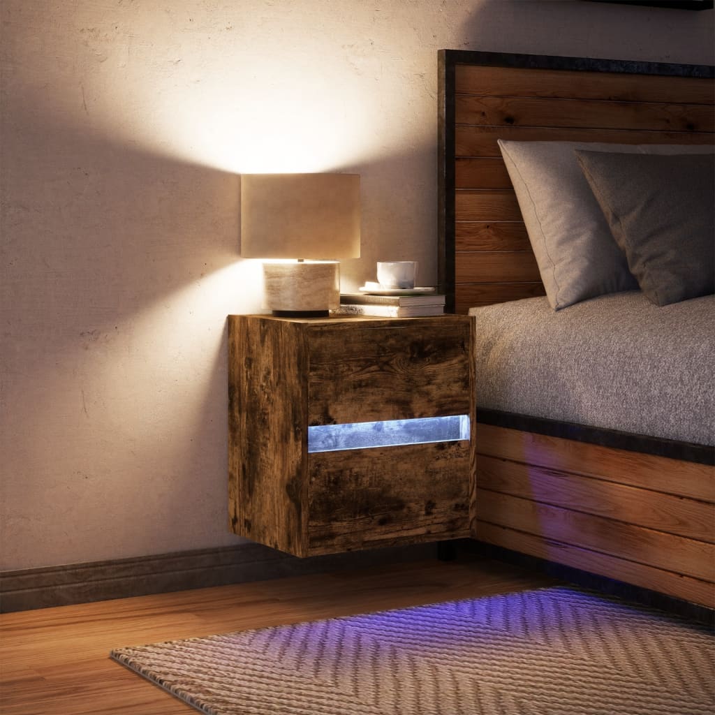 Comodino a Parete con luci LED Rovere Fumo - homemem39