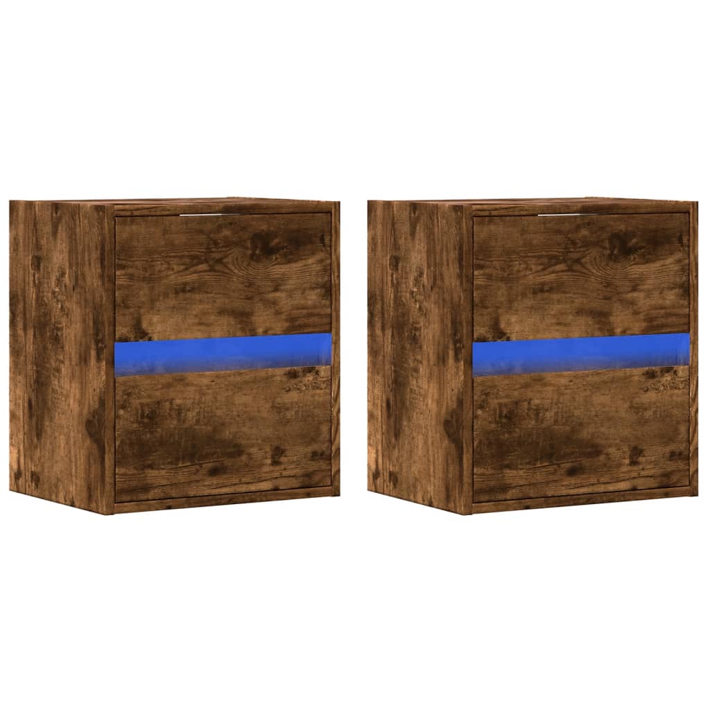 Comodini a Parete con luci LED 2 pz Rovere Fumo | homemem39