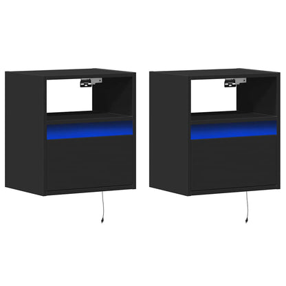 Comodini a Parete con Luci LED 2 pz Neri
