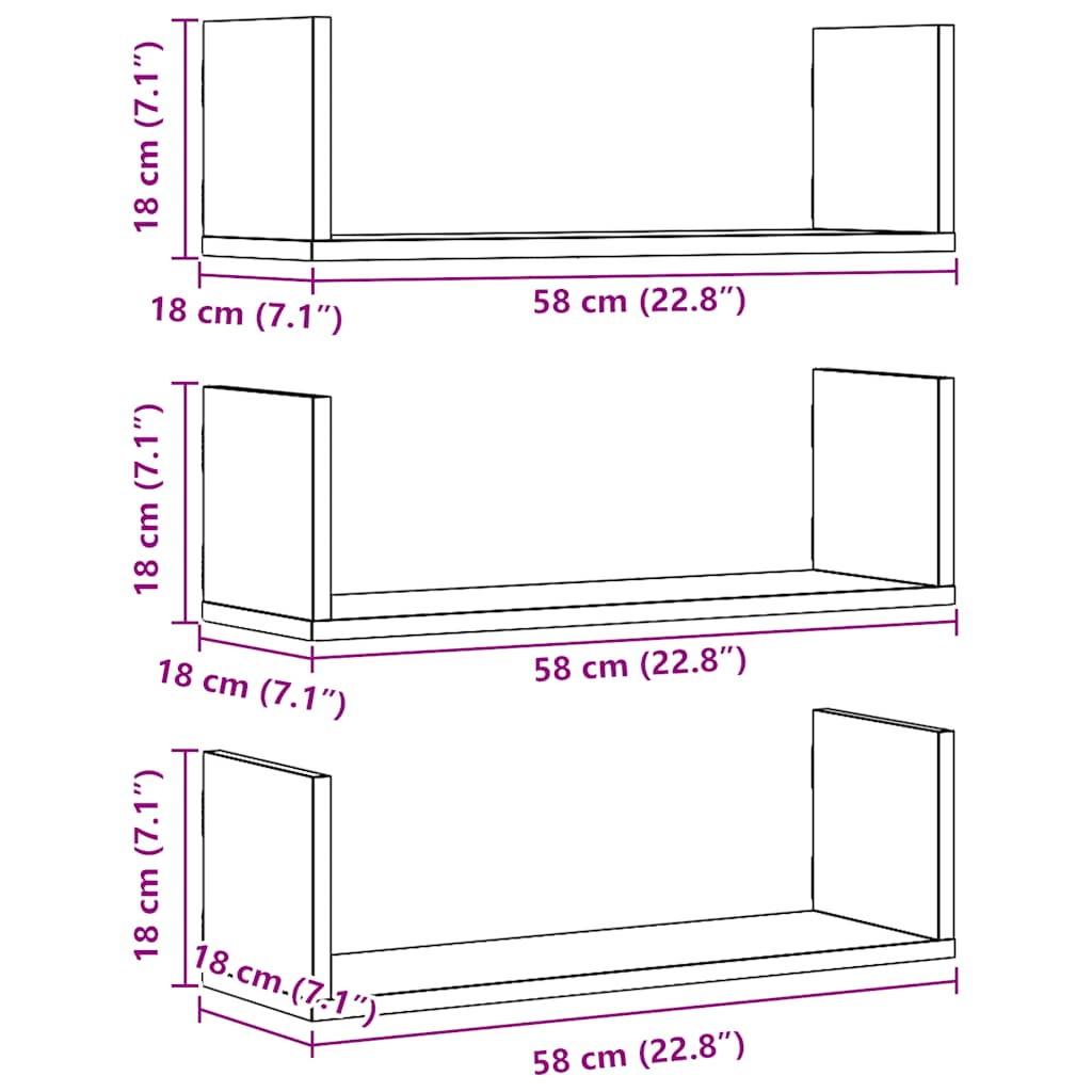 Mensole Parete 3pz Rovere Artigianale 58x18x18 cm in Truciolato
