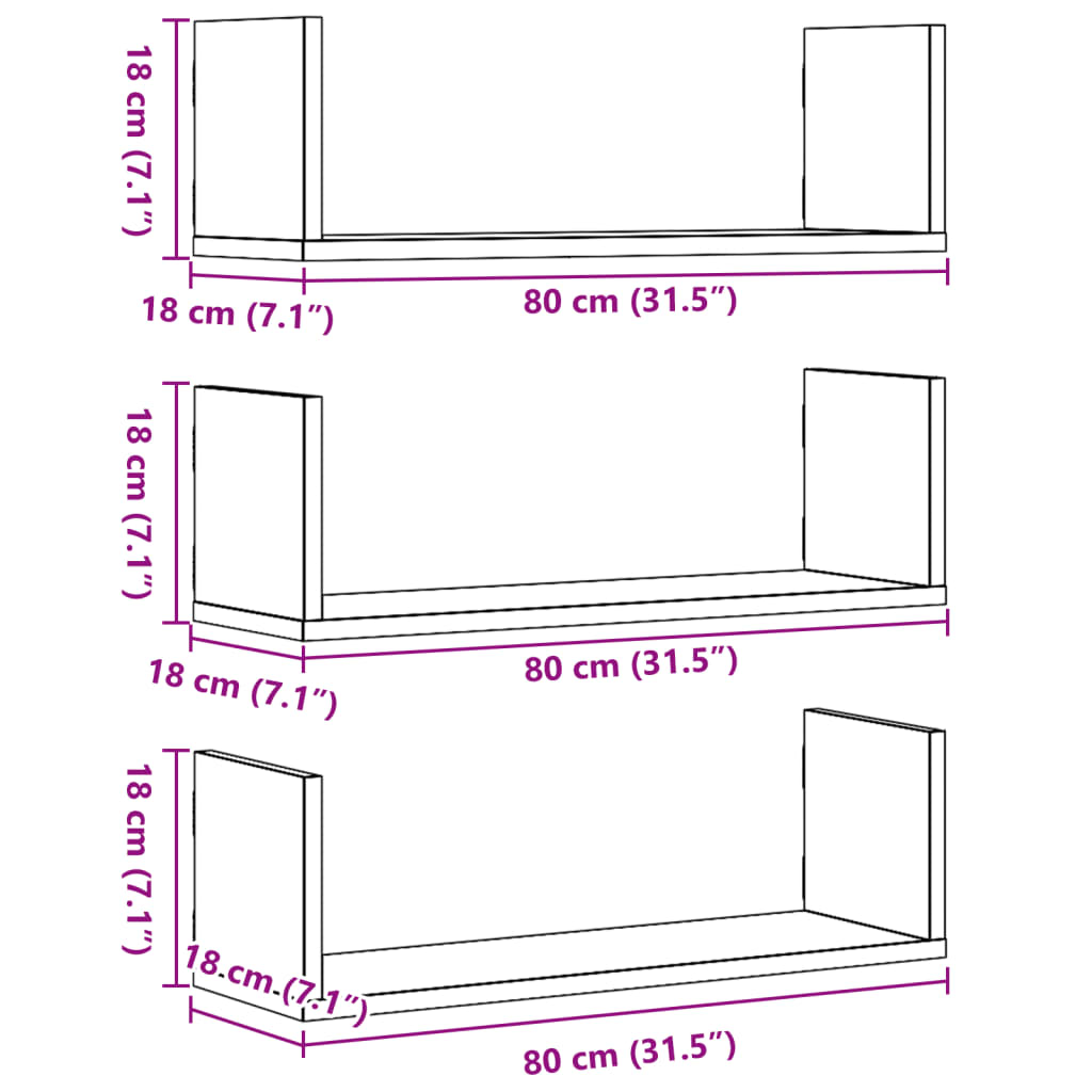 Mensole a Parete 3pz Rovere Fumo 80x18x18 cm in Truciolato