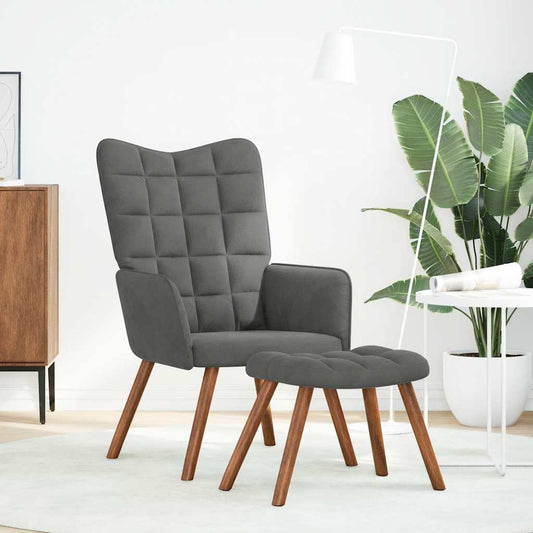 Poltrona Relax con Sgabello in Velluto Grigio Scuro