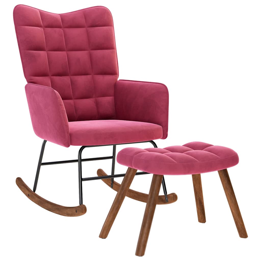 Poltrona a Dondolo con Poggiapiedi Rosso Vino in Velluto