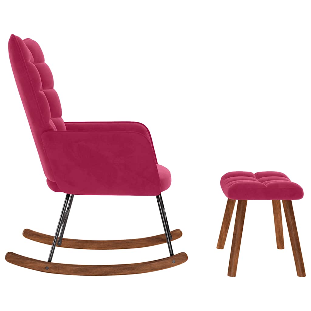 Poltrona a Dondolo con Poggiapiedi Rosso Vino in Velluto