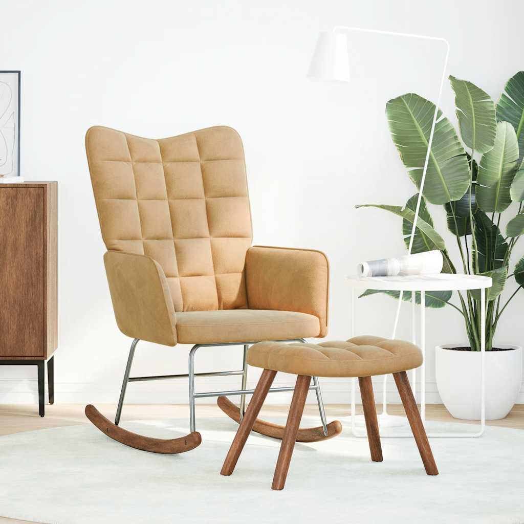 Poltrona a Dondolo con Poggiapiedi Marrone in Velluto - homemem39