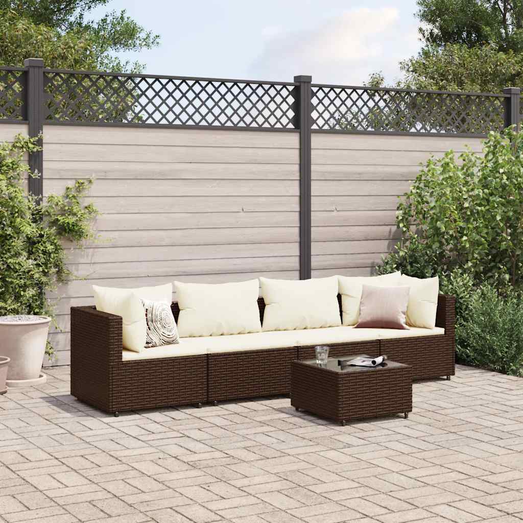 Set Divani da Giardino 5 pz con Cuscini Marrone in Polyrattan | homemem39
