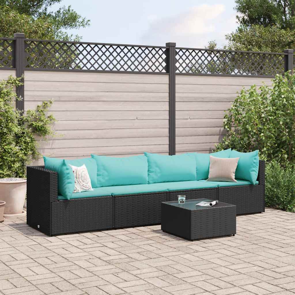Set Divani da Giardino 5 pz con Cuscini Nero in Polyrattan - homemem39