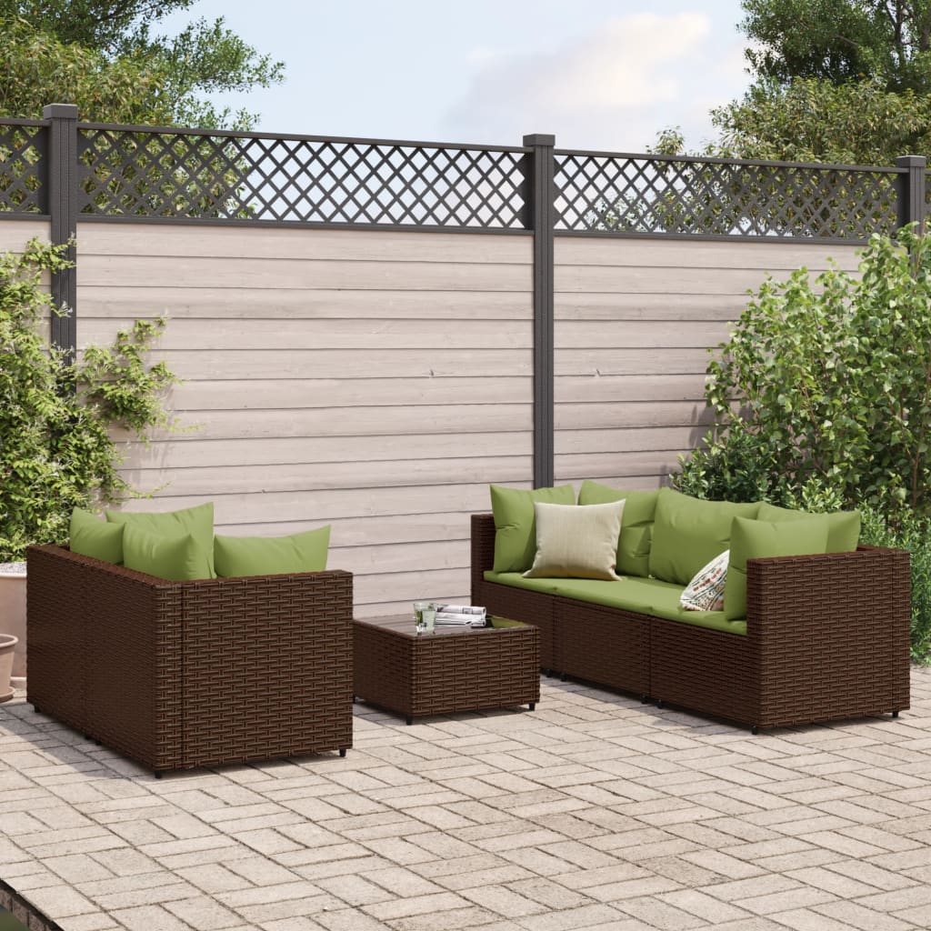 Set Mobili da Giardino 6pz con Cuscini in Polyrattan Marrone | homemem39