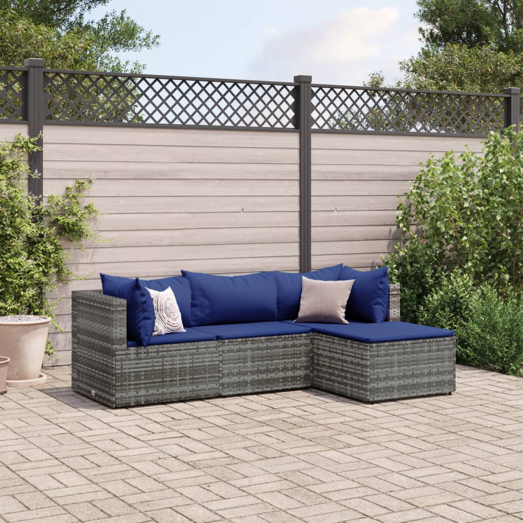 Set Divani da Giardino 4 pz con Cuscini in Polyrattan Grigio