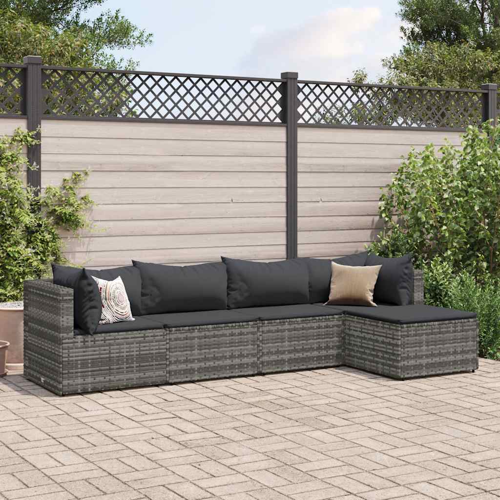 Set Divani da Giardino 5 pz con Cuscini in Polyrattan Grigio