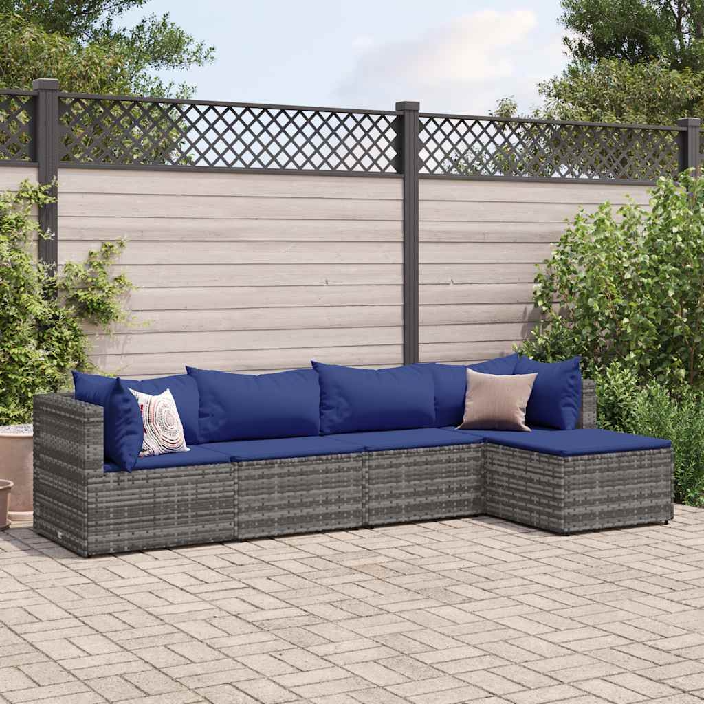 Set Divani da Giardino 5 pz con Cuscini in Polyrattan Grigio | homemem39