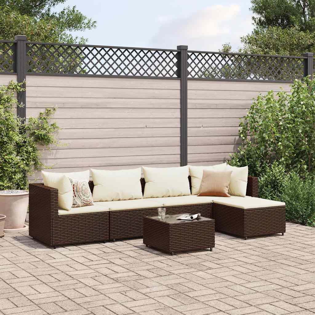 Set Mobili da Giardino 6pz con Cuscini in Polyrattan Marrone | homemem39