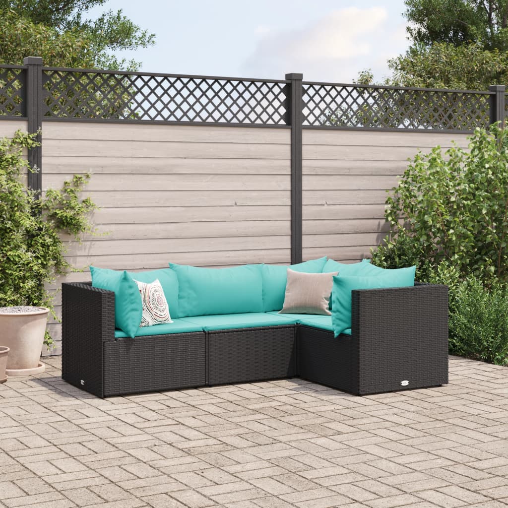 Set Divani da Giardino 4 pz con Cuscini Nero in Polyrattan - homemem39