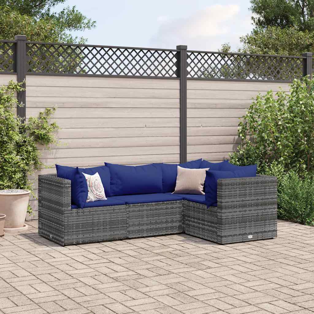 Set Divani da Giardino 4 pz con Cuscini in Polyrattan Grigio | homemem39