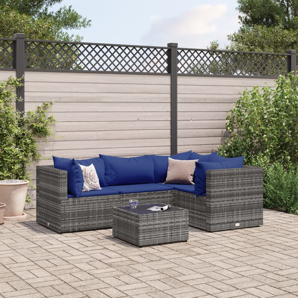 Set Divani da Giardino 5 pz con Cuscini in Polyrattan Grigio | homemem39