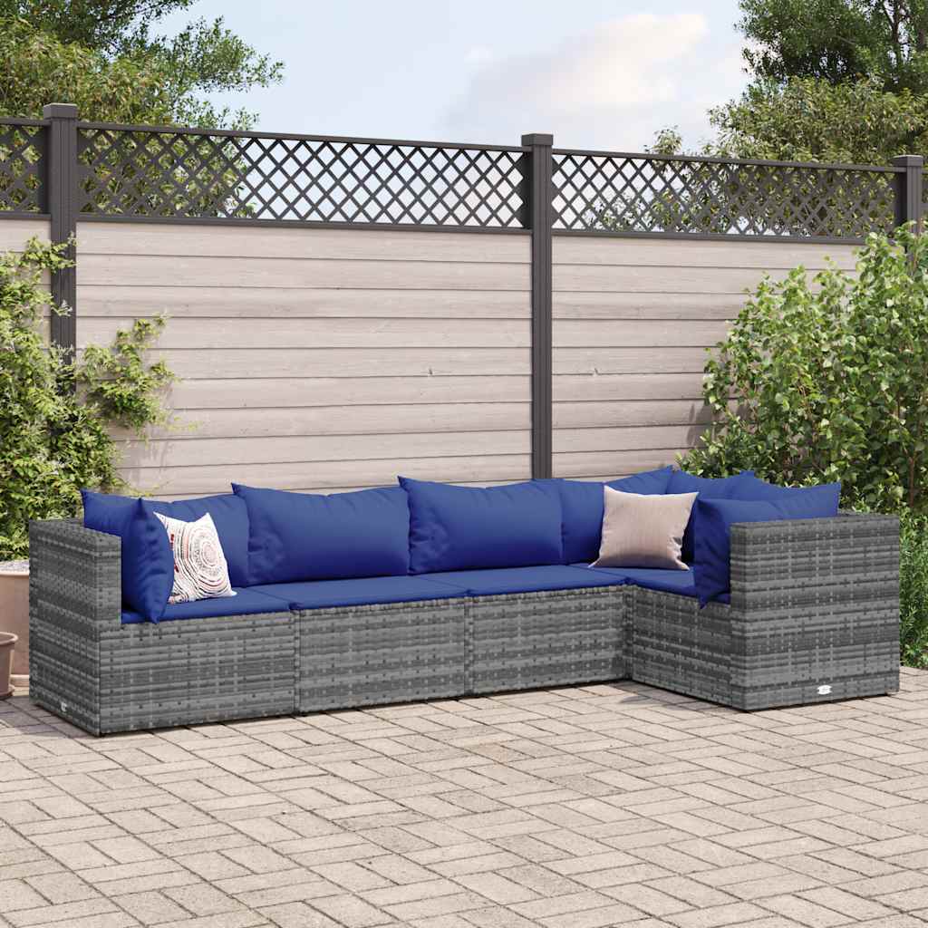 Set Divani da Giardino 5 pz con Cuscini in Polyrattan Grigio - homemem39