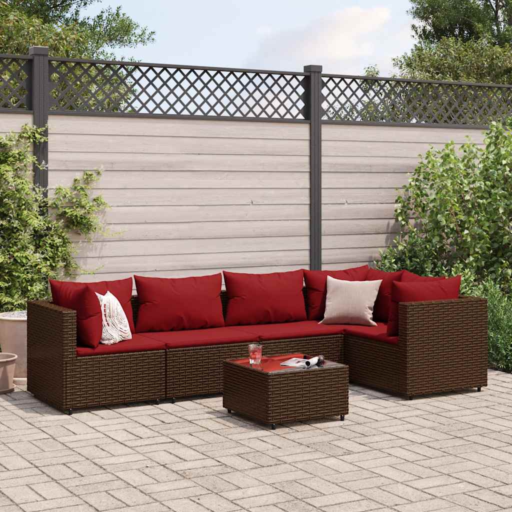 Set Mobili da Giardino 6pz con Cuscini in Polyrattan Marrone | homemem39