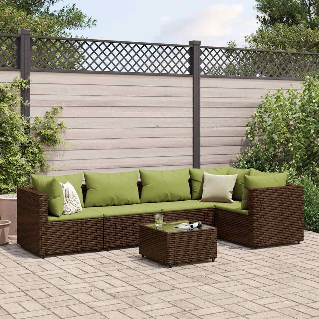 Set Mobili da Giardino 6pz con Cuscini in Polyrattan Marrone | homemem39