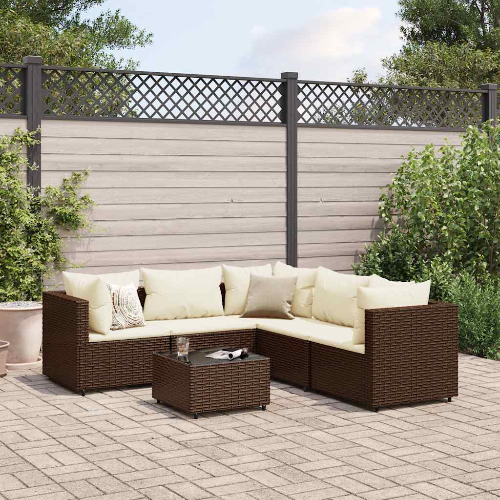 Set Mobili da Giardino 6pz con Cuscini in Polyrattan Marrone | homemem39