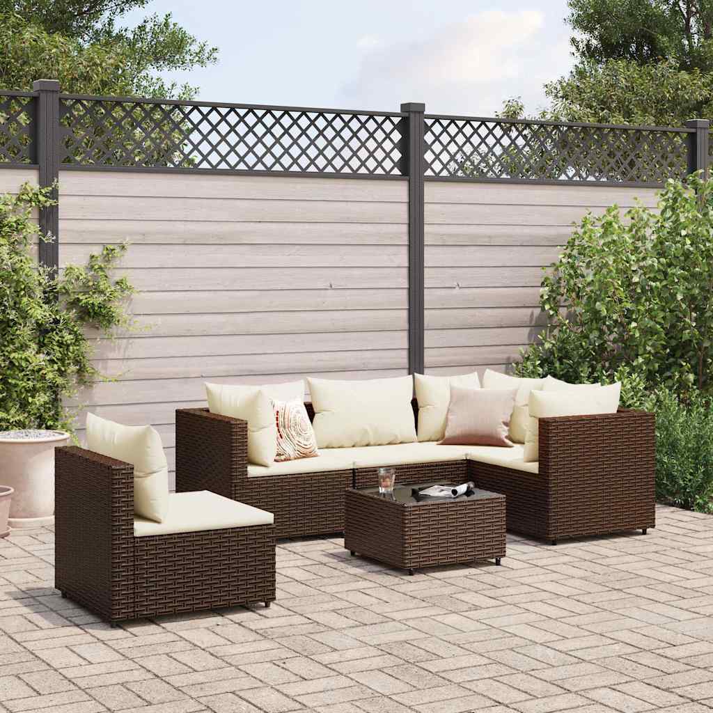 Set Mobili da Giardino 6pz con Cuscini in Polyrattan Marrone | homemem39