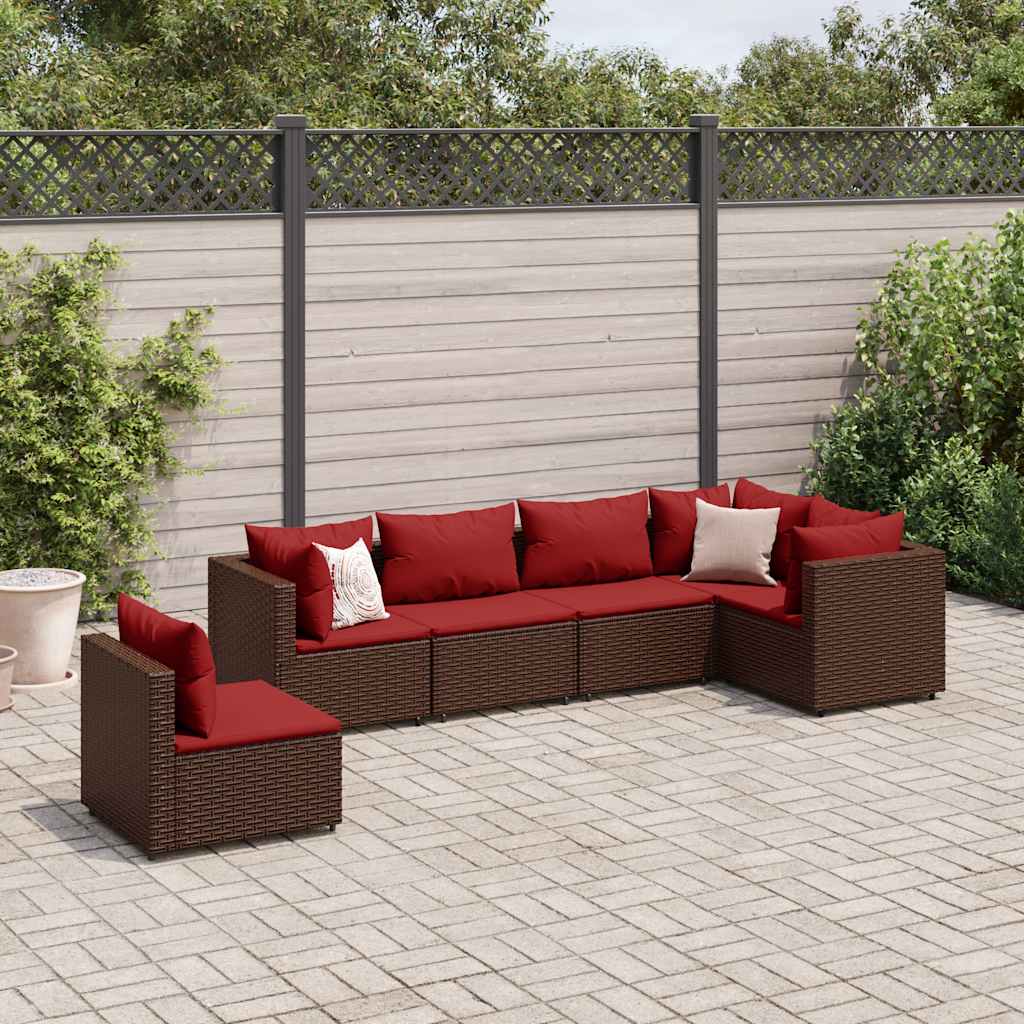 Set Mobili da Giardino 6pz con Cuscini in Polyrattan Marrone | homemem39