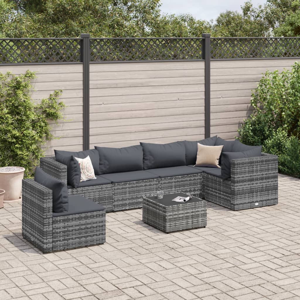 Set Divani da Giardino 7 pz con Cuscini in Polyrattan Grigio