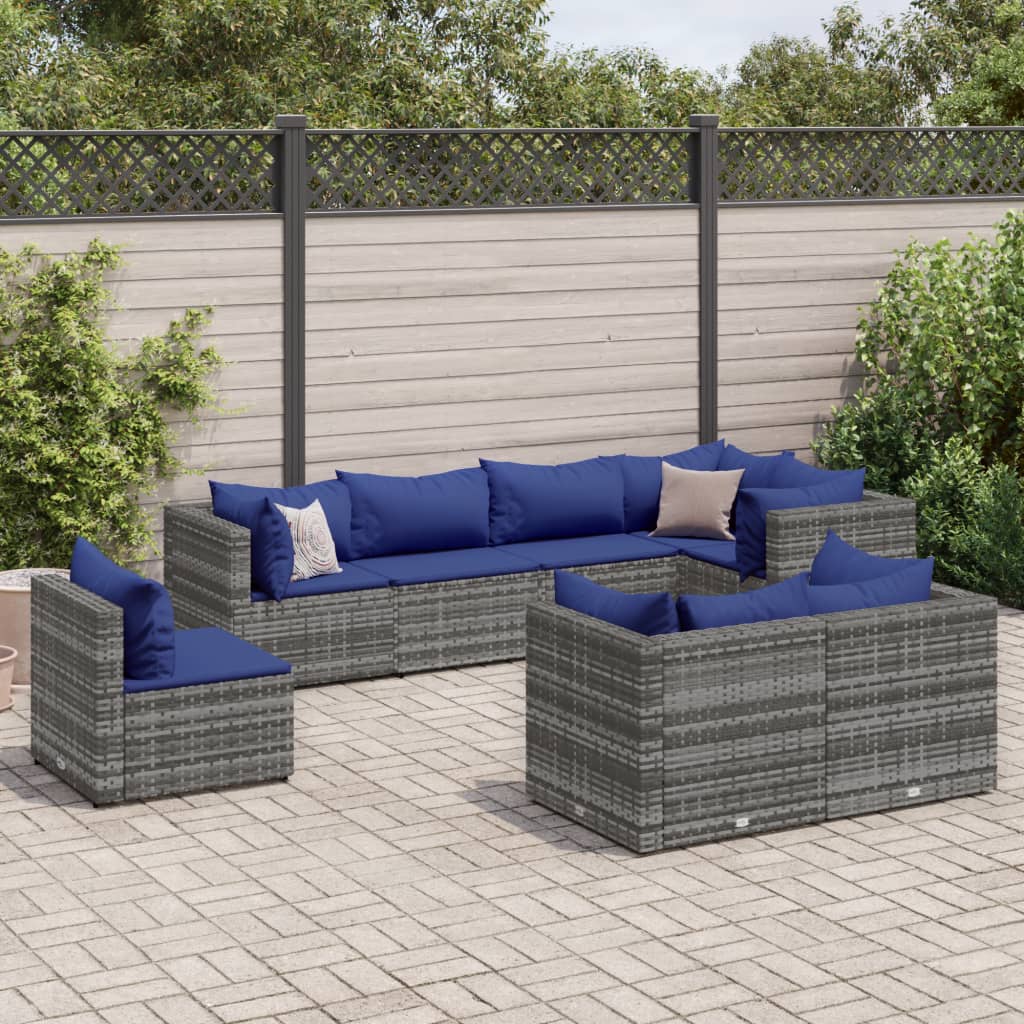 Set Divani da Giardino 8 pz con Cuscini in Polyrattan Grigio