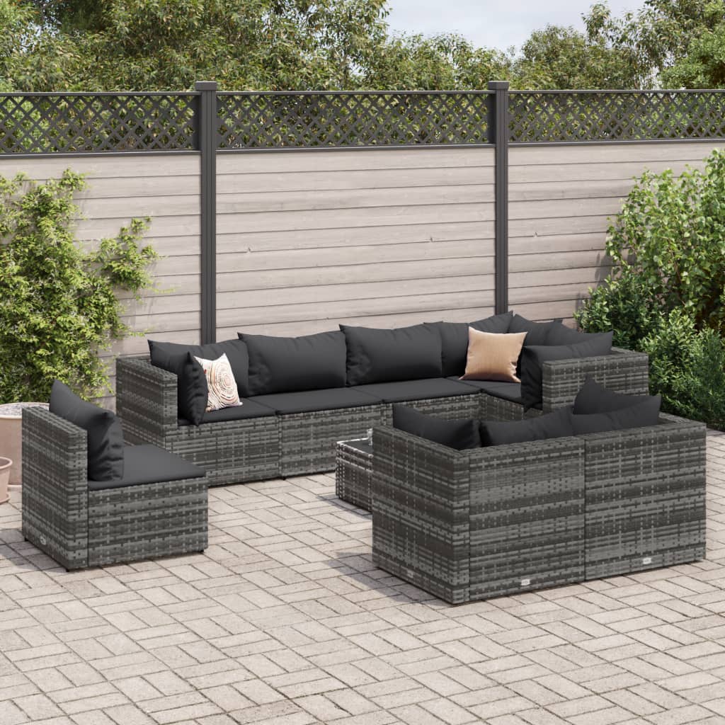 Set Divani da Giardino 9 pz con Cuscini in Polyrattan Grigio