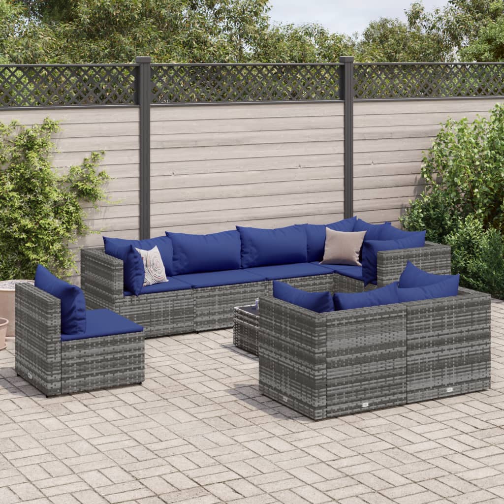 Set Divani da Giardino 9 pz con Cuscini in Polyrattan Grigio