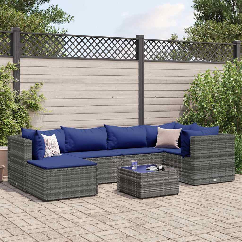 Set Divani da Giardino 7 pz con Cuscini in Polyrattan Grigio | homemem39