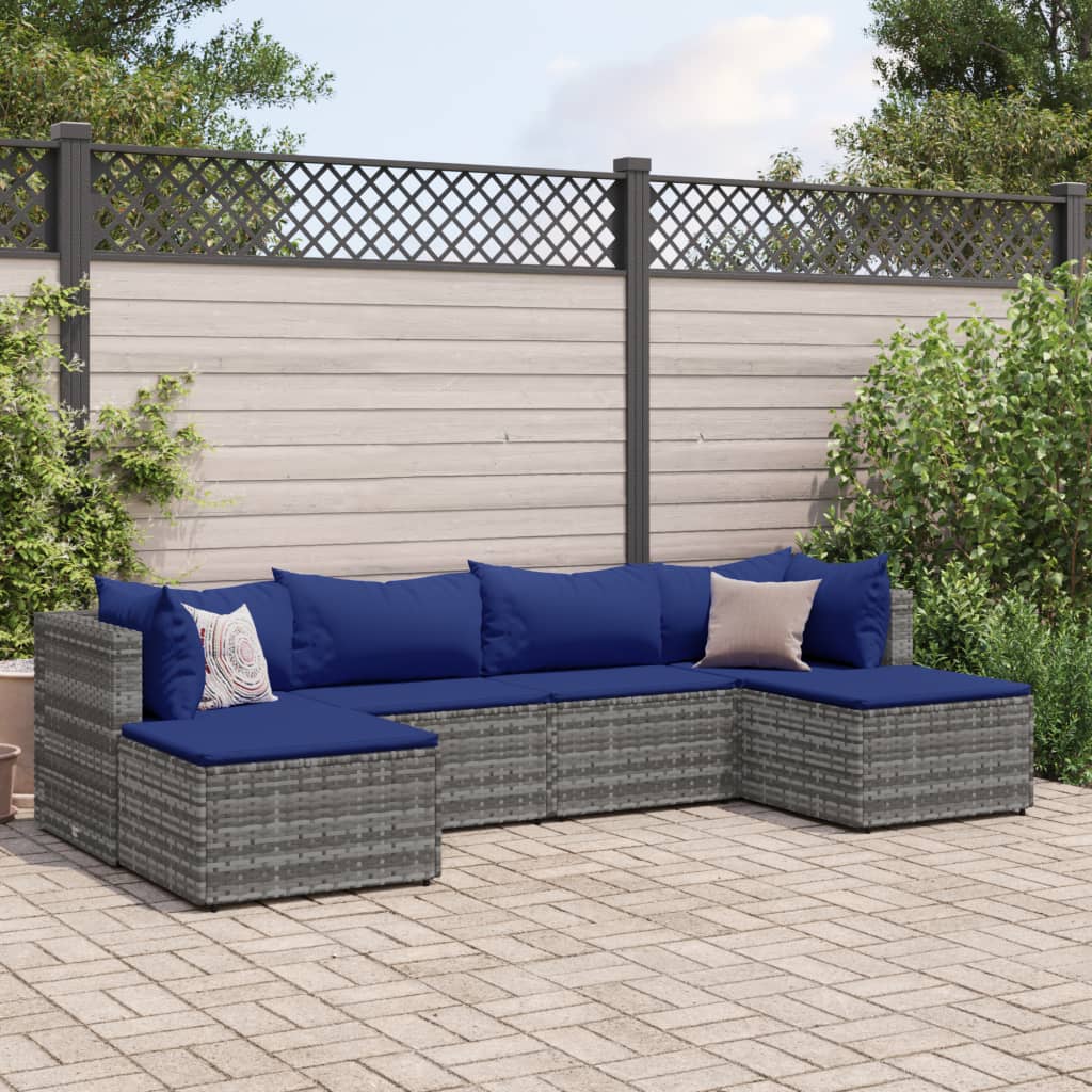 Set Divani da Giardino 6 pz con Cuscini in Polyrattan Grigio