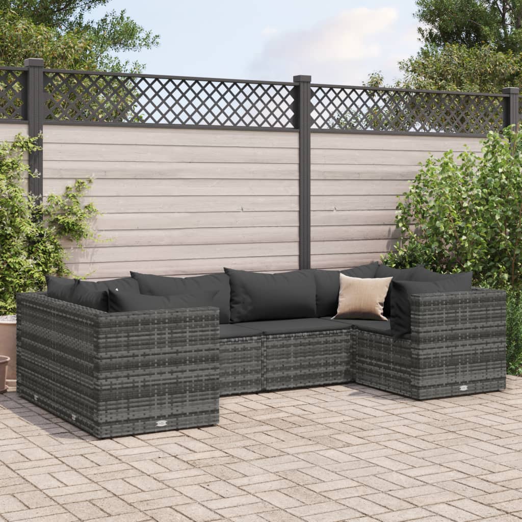 Set Divani da Giardino 6 pz con Cuscini in Polyrattan Grigio