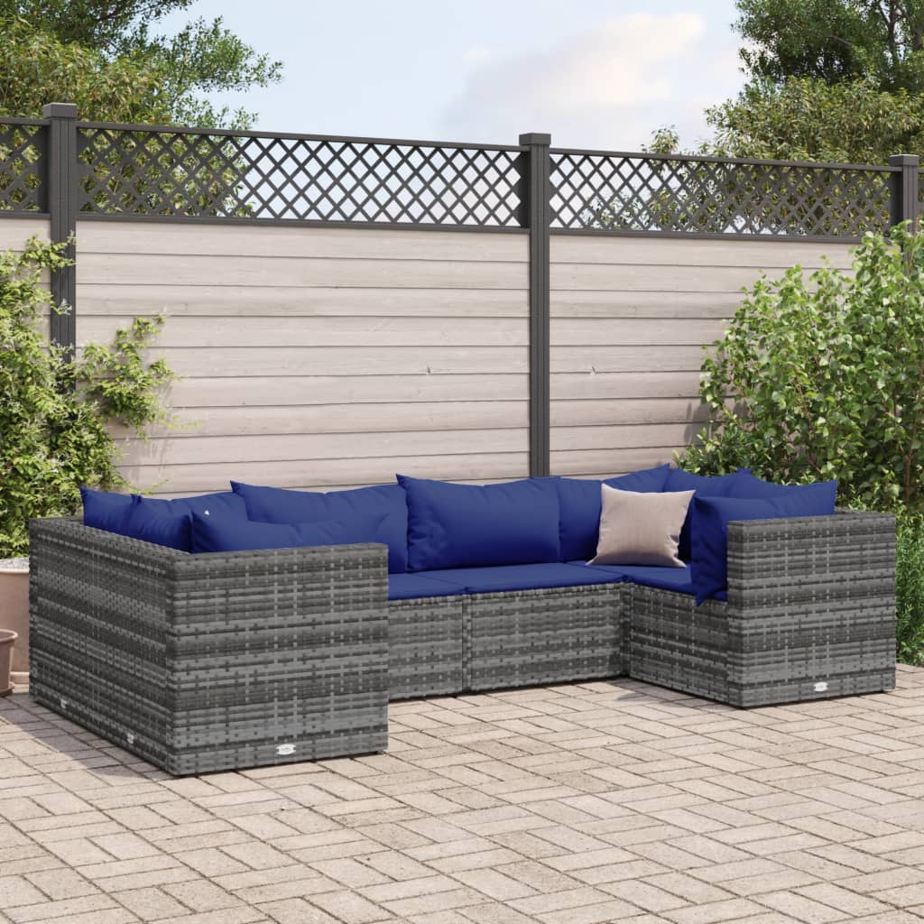 Set Divani da Giardino 6 pz con Cuscini in Polyrattan Grigio