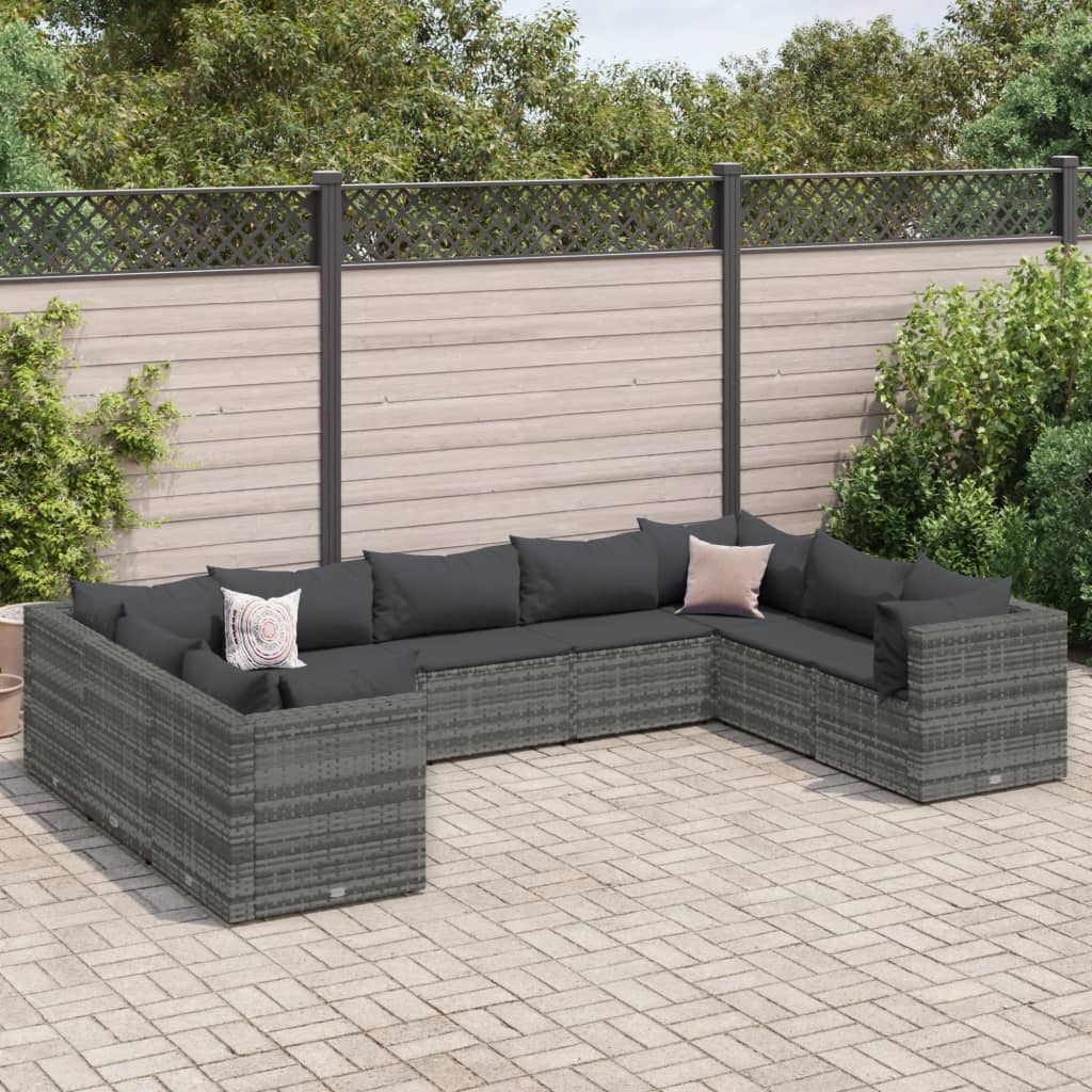 Set Divani da Giardino 9 pz con Cuscini in Polyrattan Grigio