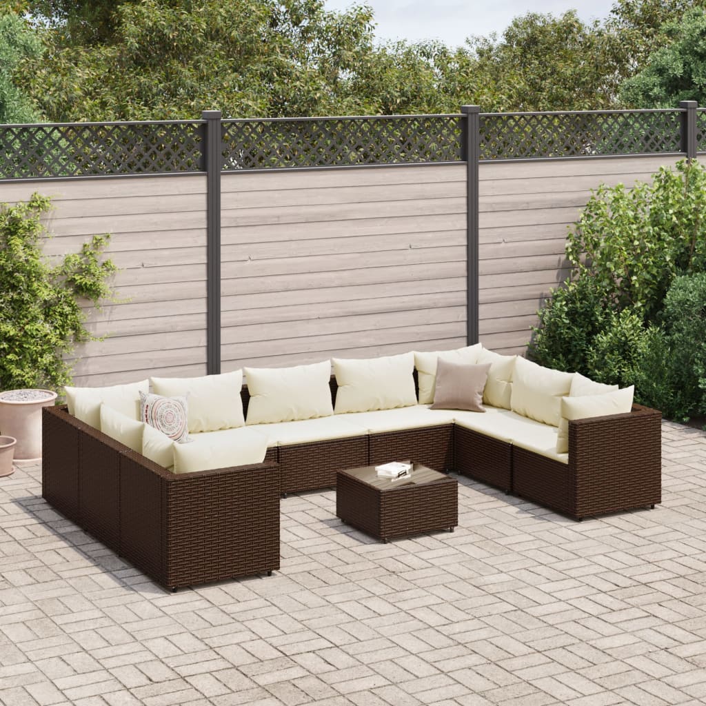 Set Divani da Giardino 10 pz con Cuscini in Polyrattan Marrone | homemem39