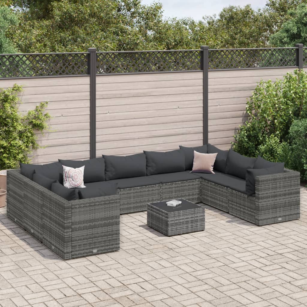 Set Divani da Giardino 10 pz con Cuscini in Polyrattan Grigio